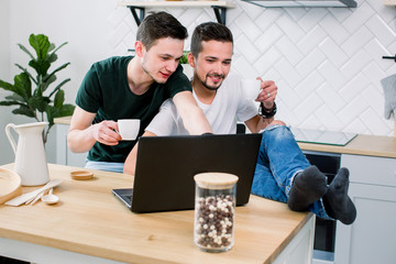 Contemporary homosexual couple sitting by table at kitchen home in front of laptop and watching online news. Happy gay couple in jeans and t-shirts spending time together