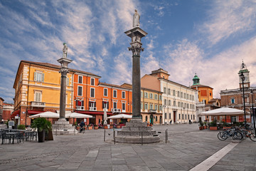 Sticker - Ravenna, Emilia-Romagna, Italy: the main square Piazza del Popolo with the ancient columns with the statues of Saint Apollinare and Saint Vitale