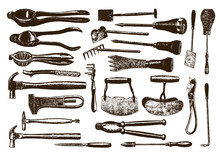 Group Of Antique Tools After Engraving From 19th Century