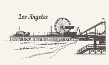 Santa Monica Beach With An Amusement Park Sketch. Los Angeles Hand Drawn Vintage Vector Illustration.