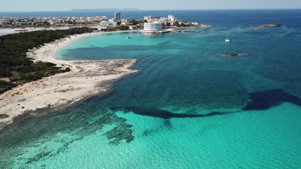 Wall Mural - Colonia Sant Jordi, Mallorca Spain. Amazing drone aerial landscape of the charming Estanys beach. Caribbean colors, green and blue