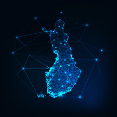 Finland map glowing silhouette outline made of stars lines dots triangles, low polygonal shapes.