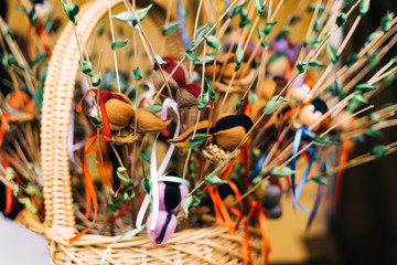 Wall Mural - bird toy on Shrovetide. homemade birds on the branches