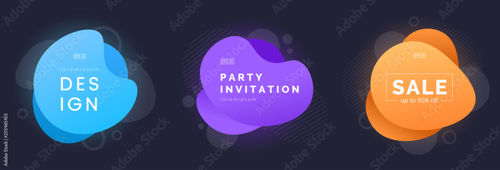 Colorful bright badges set isolated on dark grey background. Modern bubble banners with gradient fill. Abstract geometric shapes. Applicable for advertising, announcements, price tags. Vector eps 10. - obrazy, fototapety, plakaty 