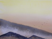Watercolor Painting Landscape Sunset Or Sunrise  On The Mountain Fog With Birds Flying In The Sky.