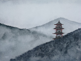 watercolor hand drawn painting landscape pagoda mountain in the fog.  Traditional oriental. asia art style.	