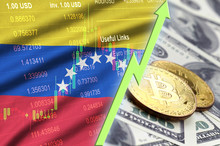 Venezuela Flag And Cryptocurrency Growing Trend With Two Bitcoins On Dollar Bills