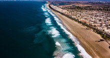 4K Drone Aerial Of Huntington Beaches Looking Down On Pacific Ocean