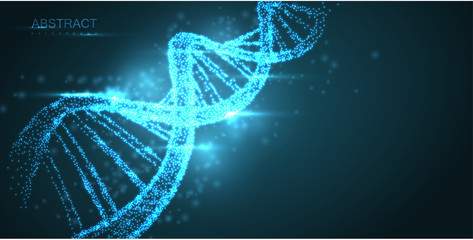 Abstract luminous DNA molecule, neon helix on green background. Medical science, genetic, biotechnology, chemistry, biology.