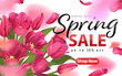 Enjoy spring sale with blooming beautiful pink tulip flowers background template. Vector set of blooming floral for web design, voucher, brochures and banners design.