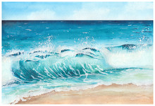 Summer Tropical Beach With Golden Sand And Wave. Tropical Sea With Blue Water. Hand Drawn Watercolor Illustration