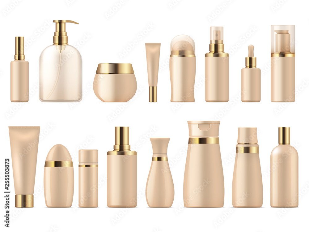 Realistic cosmetic package. Gold beauty product 3D mockup shampoo bottle lotion pump. Luxury package golden vector template - obrazy, fototapety, plakaty 