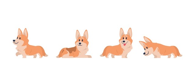  Cartoon corgi. Flat puppy for stickers, postcards, prints and posters, corgi home pet. Vector set of cartoon corgi planes