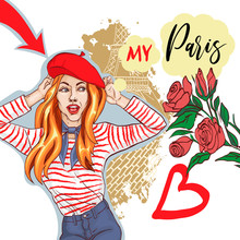 Poster With Slogan. Beautiful Young Woman With Long Red Hair In Fashionable Clothes. Fashion Girl In Red Beret And Striped Jumper. Hand Drawn Sketch. Vector Illustration.