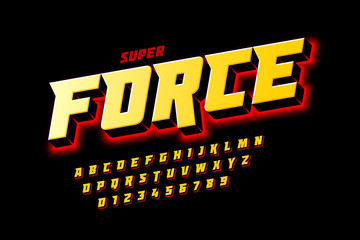 Comics style font design, super force, alphabet letters and numbers vector illustration