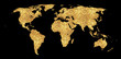 Golden world map concept illustration, gold planet geography icon made of golden glitter dust on black background.
