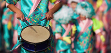 Carnival Music Played On Drums By Colorfully Dressed Musicians