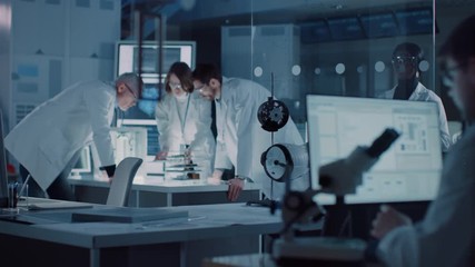 Poster - Moving Shot in Industrial Design Laboratory, Specialist Uses Microscope, Designer Works on Personal Computer, Researcher Writes on Glass Whiteboard, Team of Developers Use 3D Printer and Motherboard