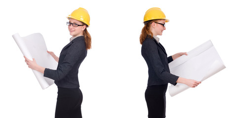 Female architect with blueprint isolated in white 