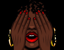 Color Vector Illustration African American Girl Covers Her Face With Her Hands. The Girl Experiences Emotions Of Stress, Fear, Pain, Fatigue. Girl With Red Open Lips And Eyes Closed