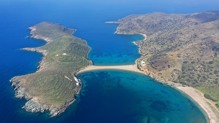 aerial drone panoramic photo of iconic two sided sandy tropical turquoise sea paradise beach of kolo