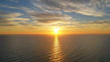 Aerial Drone Panoramic Photo Of Beautiful Sunset Over The Aegean Sea With Golden Colours, Greece