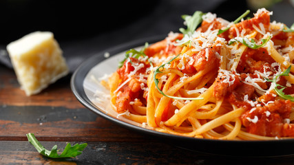 spaghetti alla amatriciana with pancetta bacon, tomatoes and pecorino cheese