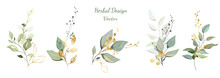 Twigs With Gold And Green Leaves. Set: Leaves, Herbs, Composition Of Gold And Decorative Elements.  Vector.