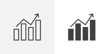 Business Graph Diagram Icon. Line And Glyph Version, Bar Chart With Rising Arrow Outline And Filled Vector Sign. Linear And Full Pictogram. Symbol, Logo Illustration. Different Style Icons Set