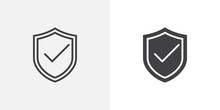 Security Shield Protected Icon. Line And Glyph Version, Outline And Filled Vector Sign. Shield With Check Mark Linear And Full Pictogram. Symbol, Logo Illustration. Different Style Icons Set