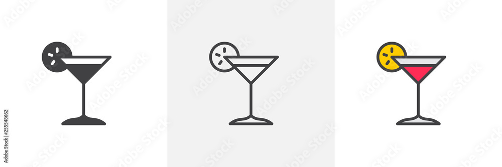 Margarita cocktail icon. Line, glyph and filled outline colorful version, Cocktail glass with lemon slice outline and filled vector sign. Bar symbol, logo illustration. Different style icons set.  - obrazy, fototapety, plakaty 