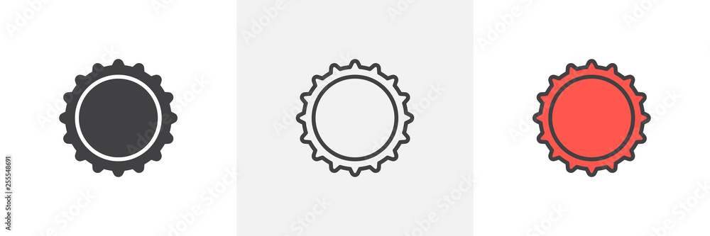 Beer bottle cap icon. Line, glyph and filled outline colorful version, beer cap outline and filled vector sign. Bar symbol, logo illustration. Different style icons set. Vector graphics - obrazy, fototapety, plakaty 