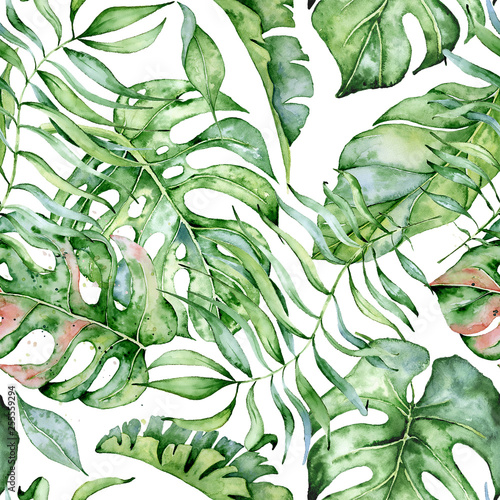 Stoffe zum Nähen Tropical watercolor seamless pattern with green leaves illustration