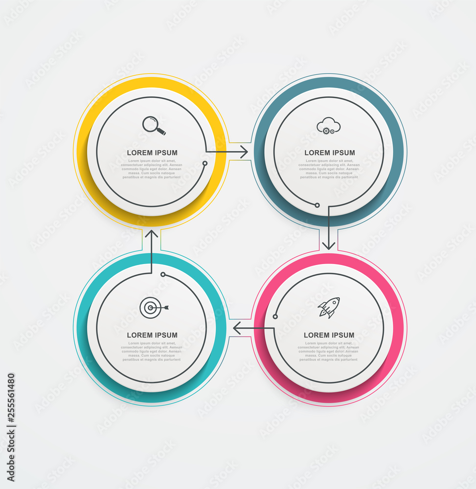 Round business infographics with icons and 4 options or steps. Vector illustration for presentations and reports, digital marketing. - obrazy, fototapety, plakaty 