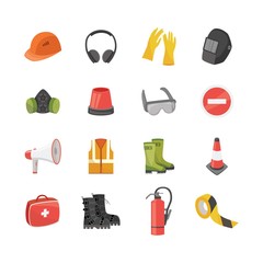 Icons set of safety equipment for work and protective clothing in flat cartoon style.