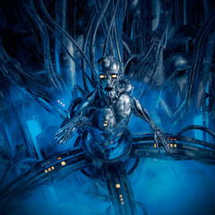 Splinter in the machine / 3D illustration of science fiction male humanoid android trapped inside futuristic computer core