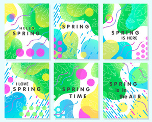 Set of unique spring cards with bright gradient backgrounds; tiny leaves; fluid shapes and geometric elements in memphis style.Abstract layouts perfect for prints; flyers; banners; invitations;covers.