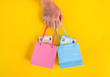 female hand hold little shopping bags with euros money