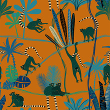 Lemur In Jungle Seamless Pattern.