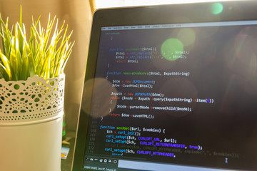Wall Mural - abstract web developer background. php scraper code in sun light