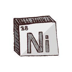 Wall Mural - Vector three-dimensional hand drawn chemical silver gray symbol of nickel with an abbreviation Ni from the periodic table of the elements isolated on a white background.