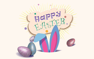 Wall Mural - Happy Easter vintage card with text,Easter bunny in the hole,eggs and confetti isolated on a light background