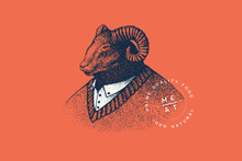 Vector Image Of A Male Ram In A White Shirt And Sweater In The Technique Of Engraving On A Red Background. Template For Logo, Emblem In Retro Style For Butcher Shop. Premium Quality Meat Products.