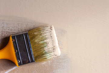 paint brush in beige paint on painted drywall, copy space