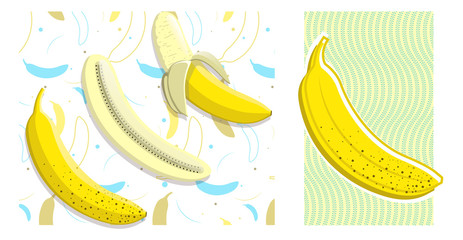 Banana objects and seamless background set: 4 editable banana designs in 2 different styles, plus seamless pattern designs included	