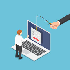 Isometric hacker trying to steal data from businessman by phishing scam