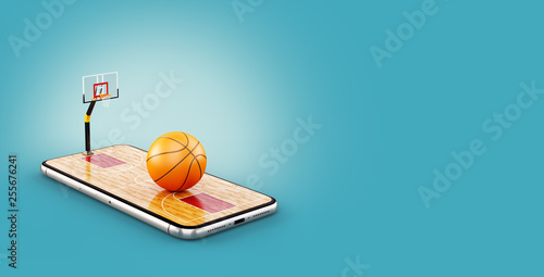 Foto  Unusual 3d illustration of a basketball ball on court on a smartphone screen