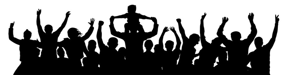 Wall Mural - Cheerful crowd people silhouette. Child sits on the neck of a man. Applause people hands up. Vector Illustration party celebrating