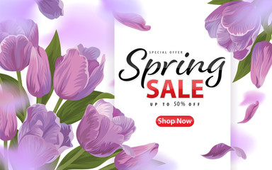 Enjoy spring sale with blooming beautiful purple tulip flowers background template. Vector set of blooming floral for web design, voucher, brochures and banners design.