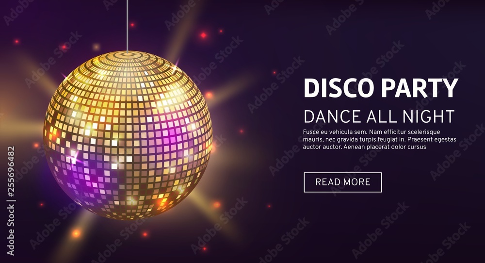 Disco banner. Mirrorball party disco ball invitation card celebration fashion partying poster template dance club - obrazy, fototapety, plakaty 